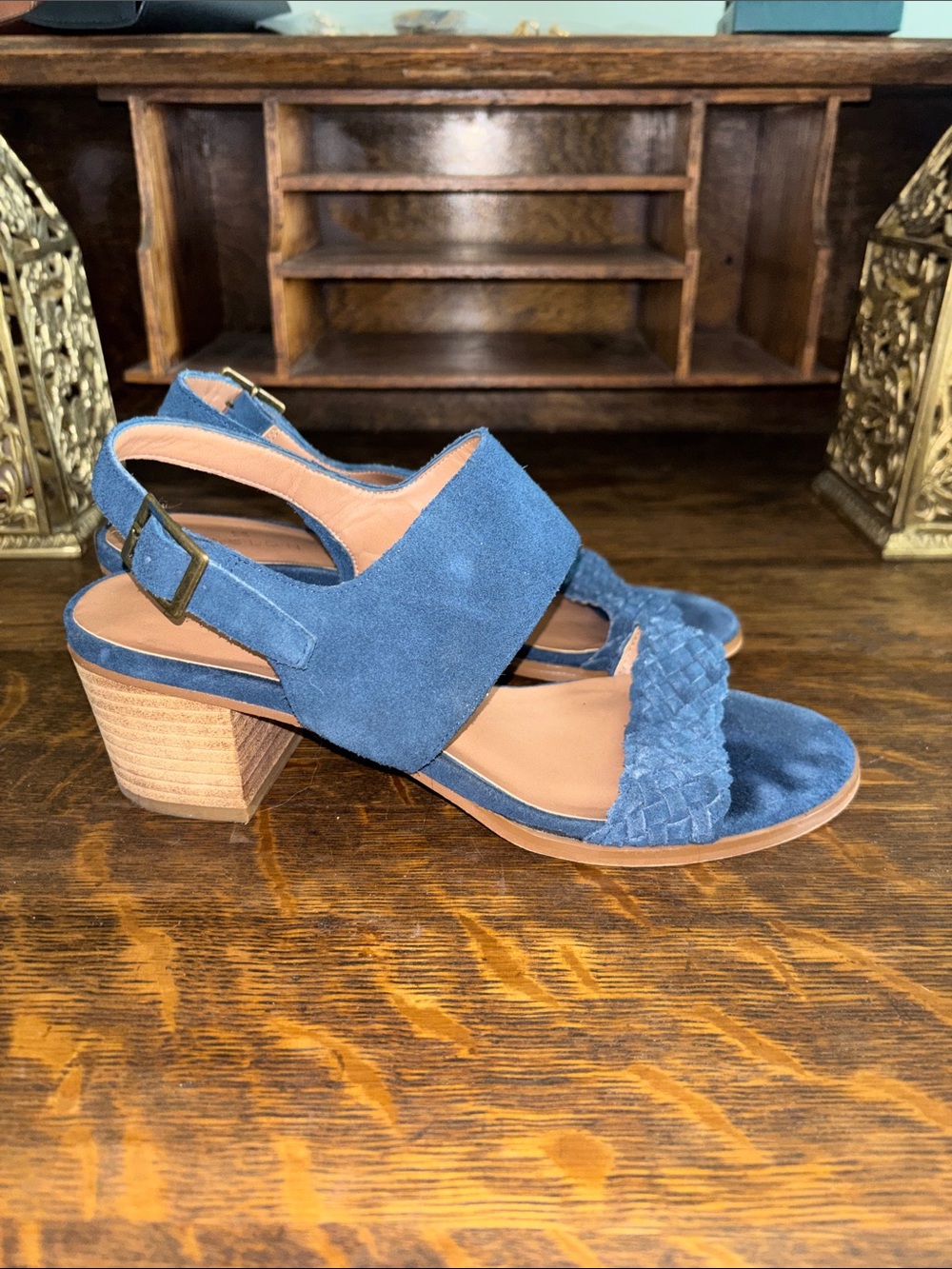 Caslon Blue Suede Block Heel Sandals with Woven Toe Strap